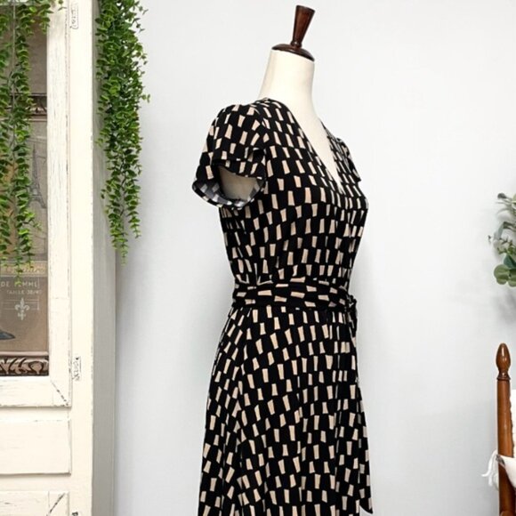 Joseph Ribkoff Wrap Front Jersey Midi Dress Black Beige Size 10 Style 222202 - Picture 10 of 16